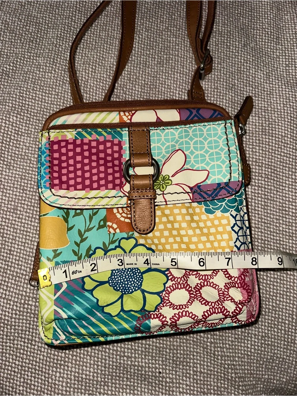 Fossil Patchwork Floral Crossbody in Multicolor with Brown Trim